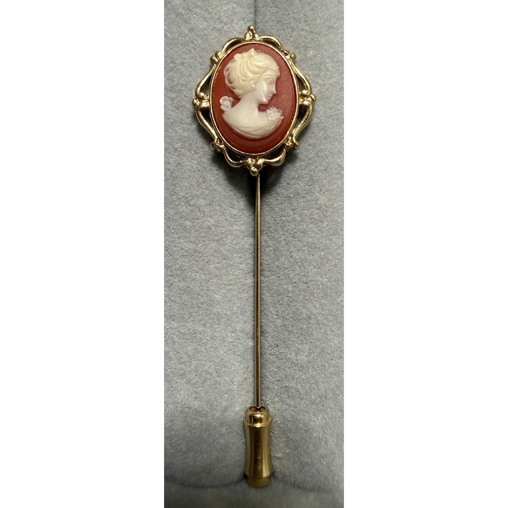 VINTAGE SIGNED CROWN TRIFARI CAMEO 3" Tall STICK PIN or Hat Pin